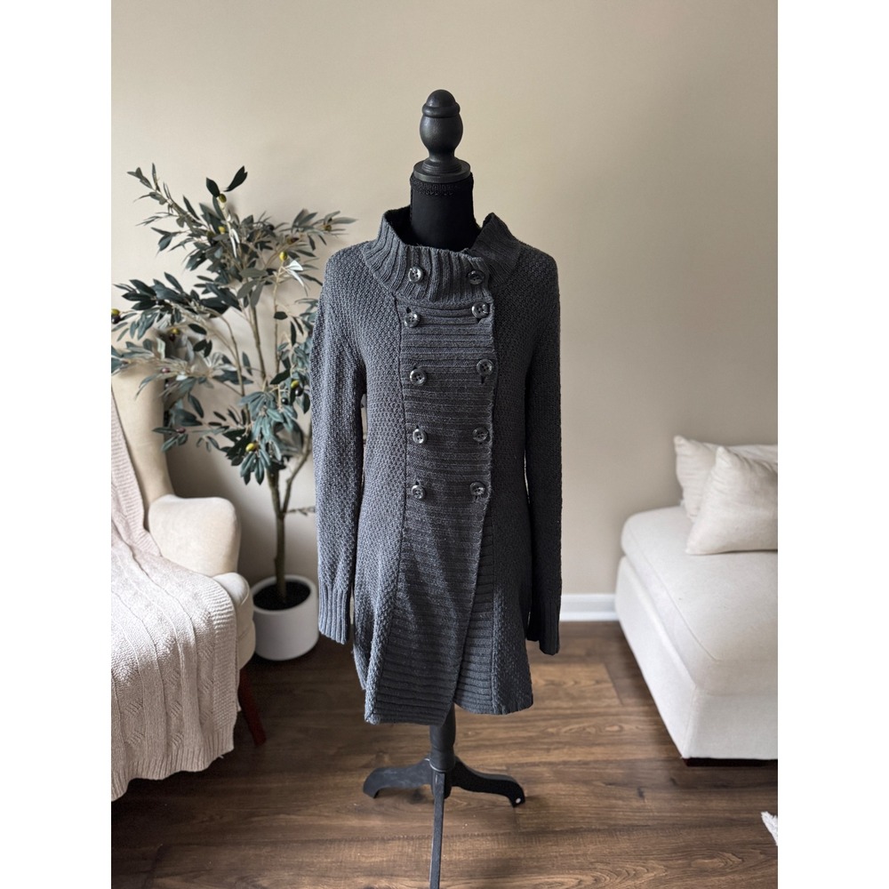 Gap Womens Gray Double Breasted Funnel Neck Longline Knit Cardigan Sweater M